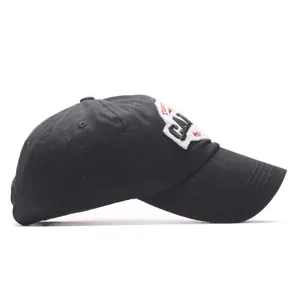 Black baseball cap side view detail, casual outdoor sports sun hat for men and women fashion.