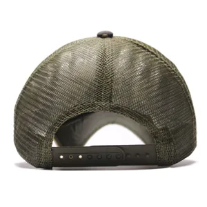 Adjustable olive green mesh trucker baseball cap detail view, breathable snapback hat.