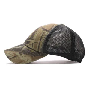 Side view detail of a classic camouflage baseball cap featuring breathable black mesh back panels.