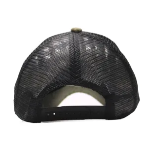 Close-up view of the breathable mesh back and adjustable snapback closure on a camo cap.