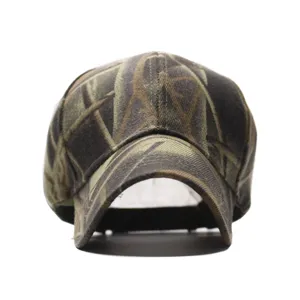 Camouflage baseball cap detail, woodland camo print, curved visor, casual outdoor hat style.