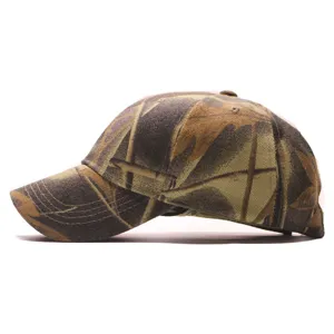 Detailed side view of men's camouflage baseball cap, showing curved brim and stitching texture.