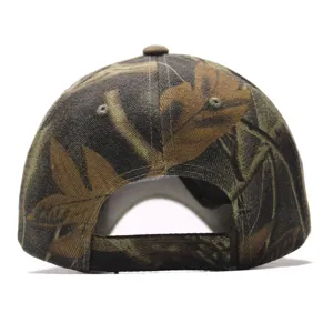 Camo baseball hat rear detail showcasing adjustable velcro strap and leaf camouflage pattern.