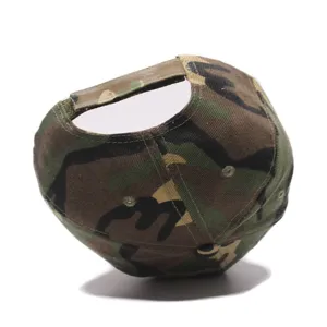 Camo baseball cap with adjustable strap, classic woodland camouflage pattern for outdoor sports.