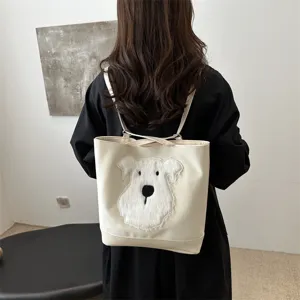 Women tote bag convertible backpack large capacity casual shoulder bag with cute dog plush design.