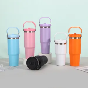 Gobelet isotherme en acier inoxydable avec poignée et paille, tasses de voyage 20oz 30oz extérieur.