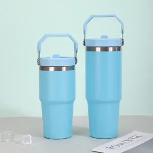 Gobelet isotherme en acier inoxydable avec poignée, tasse à café bleue 20oz 30oz portable.