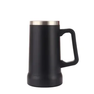 Detail shot of black stainless steel insulated beer mug with handle, vacuum double wall.