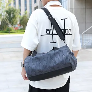 Grey camo gym duffel bag for women, waterproof shoulder crossbody travel bag for fitness.