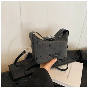 Stylish grey star print canvas shoulder bag for women, casual hobo handbag with metal clasp.