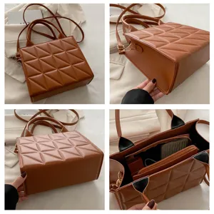 Brown quilted PU leather tote bag women stylish top handle shoulder crossbody handbag