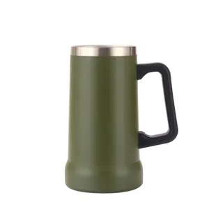 Stainless steel vacuum beer mug detail view, double wall insulation with ergonomic handle.