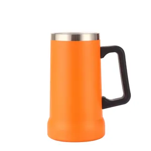 Stainless steel vacuum insulated beer mug detail, orange cup body with black handle.