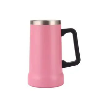 Stainless steel insulated beer mug detail, pink vacuum thermos cup with handle, portable.