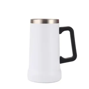 Detail shot of the white stainless steel beer mug with black handle and metallic rim.