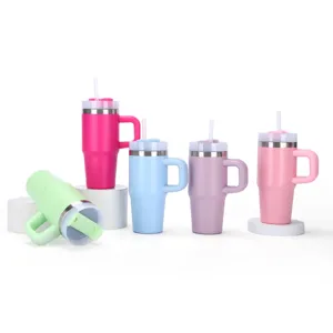 Vaso Termico de Acero Inoxidable Con Asa Y Pajita Taza de Cafe Portatil Para Coche Botella de Agua de Viaje