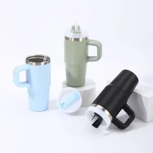 Taza de acero inoxidable con asa y pajita termo de viaje taza de cafe para coche oficina