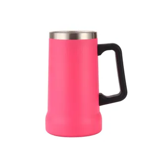 Pink stainless steel beer mug with black handle, double wall vacuum insulated beer stein cup.