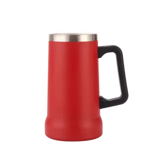 Close-up details of the stainless steel insulated beer mug rim and ergonomic handle.