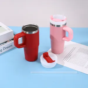 Vaso térmico de acero inoxidable con asa y pajita, taza de café portátil para coche y oficina.