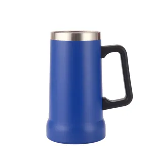 Stainless steel vacuum insulated beer mug with black handle, durable thermal cup detail view.