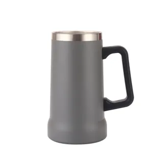 Stainless steel insulated beer mug with handle, double wall vacuum travel cup for cold drinks.