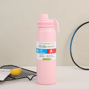 Bouteille d'eau isotherme en acier inoxydable rose avec design à double paroi et poignée de sport.