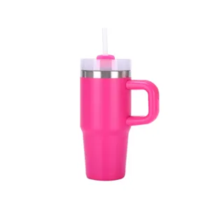 Vaso térmico rosa de acero inoxidable con asa y pajita, taza de café portátil para el coche.