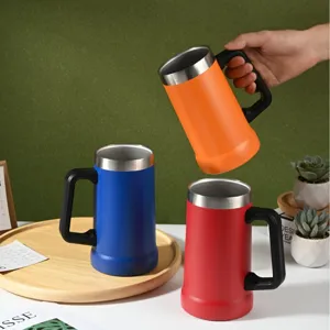 Stainless steel insulated beer mug with handle, double wall vacuum travel coffee mug, main view.
