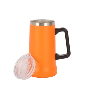 Stainless steel insulated beer mug with handle and lid vacuum portable orange cup for travel.