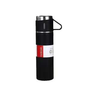 Edelstahl Vakuum isolierte Wasserflasche mit schwarzem Thermosbecher und tragbarem Griffdeckel.