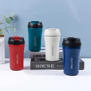 Tasse à Café de Voyage Isolée sous Vide en Acier Inoxydable Double Paroi Gobelet Étanche avec Couvercle Rabat Paille pour Bureau