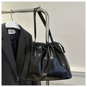 Black glossy soft leather shoulder bag bucket bag, trendy minimalist daily commuter bag