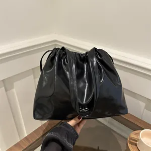 Women Fashion Soft PU Leather Bucket Bag Urban Simple Commuter Shoulder Crossbody Bag With Drawstring Bowknot Decor