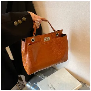 Borsa a mano da donna marrone con motivo coccodrillo, borsa a tracolla vintage chic.