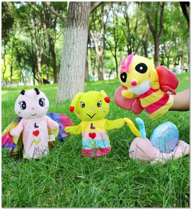 Cute insect plush hand puppets set, lovely butterfly caterpillar bee and snail soft toys for kids.
