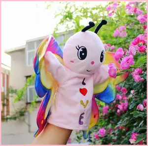 Plush butterfly hand puppet detail, colorful rainbow wings, soft material for kids.