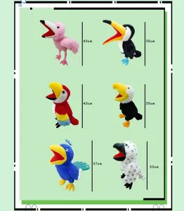 Vue détaillée de marionnettes en peluche d'animaux avec dimensions, jouet interactif pour enfants.