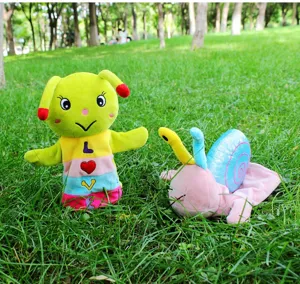 Detailed view of cute plush insect and snail hand puppets, soft interactive toys for kids.