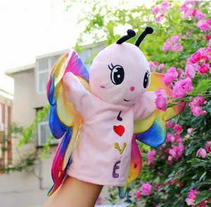 Colorful butterfly plush hand puppet detail, cute stuffed animal toy for kids interactive play.