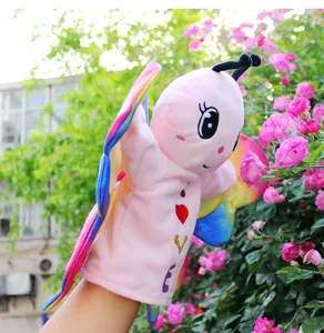 Cute butterfly plush hand puppet toy for kids, colorful wings interactive storytelling doll.