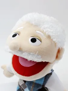 Plush old man hand puppet detail, soft storytelling toy for kids and kindergarten performance.