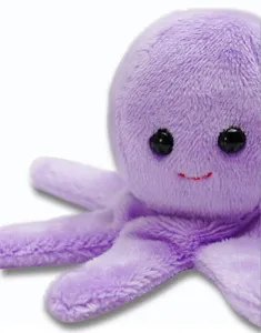 Close-up detail of a soft purple octopus plush toy, showing fine texture and cute face.