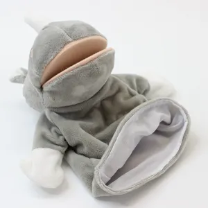 Grey plush rhino hand puppet with movable mouth, soft animal toy for kids and parent-child fun.