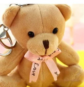 Adorable porte-clés en peluche ours, animal marron avec ruban rose, pendentif pour sac à main.