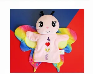 Detailed view of the cute butterfly hand puppet with colorful wings and love embroidery plush.