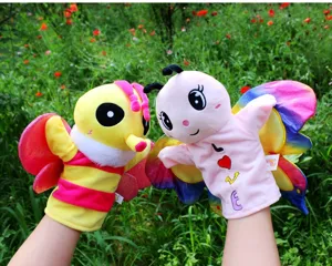 Cute plush insect hand puppets including butterfly and bee designs, perfect for interactive kids play.