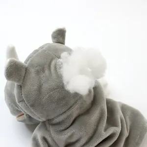 Grey plush rhino hand puppet soft cartoon animal toy for kids interactive play and fun.