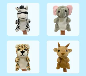 Plush animal finger puppets set, soft cute safari dolls for kids storytelling and interactive play.