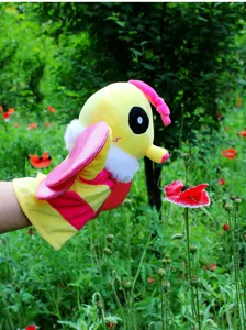 Cute insect plush hand puppet toy featuring yellow and pink design, perfect for kids storytelling.